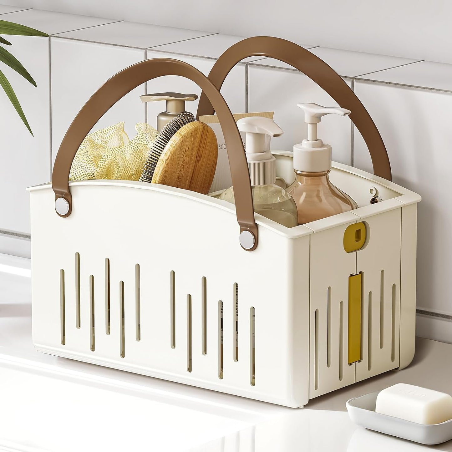 Portable Shower Basket Caddy with Double Handle Foldable Dry Wet Separation Design 11.0 × 7.1 × 6.5In, Travel, Camping, Gym, College Bathroom Tote, White, Ideal Christmas Gifts for Girls