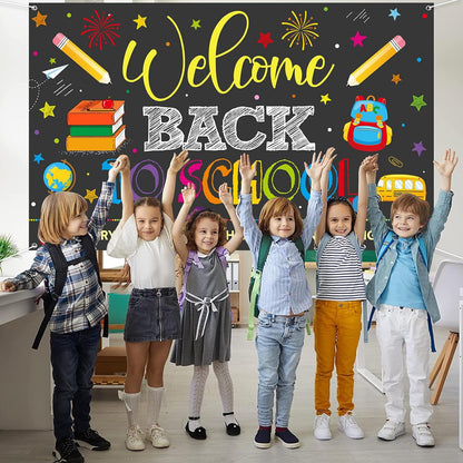 Welcome Back to School Backdrops, Welcome Back Bulletin Board Back to School Banner Sign Hanging Polyester Photography Background for First Day of School Classroom and Office Decorations,73X44 Inch
