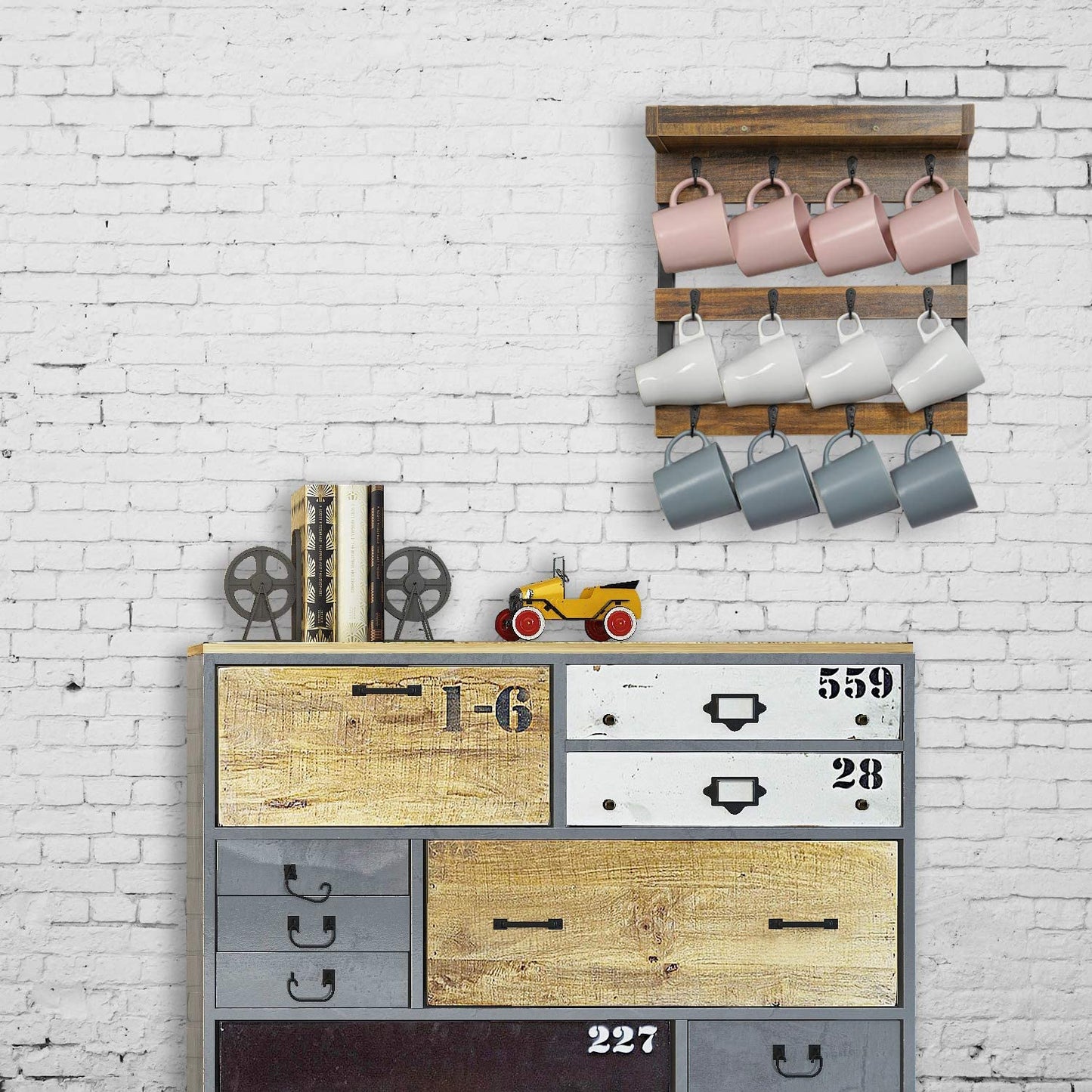 Coffee Mug Rack Wall Mounted, Rustic Wood Cups Rack with 12 Hooks and Storage Shelf, for Home Kitchen Display and Collection (Rustic Brown)