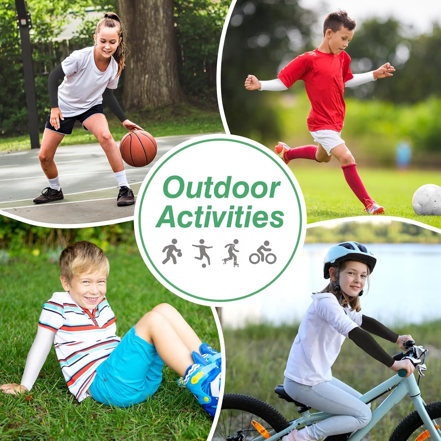 Kid Arm Sleeve 4 Pairs, Compression Arm Sleeve for Basketball Football Baseball Volleyball Youth Boy Girl Sports