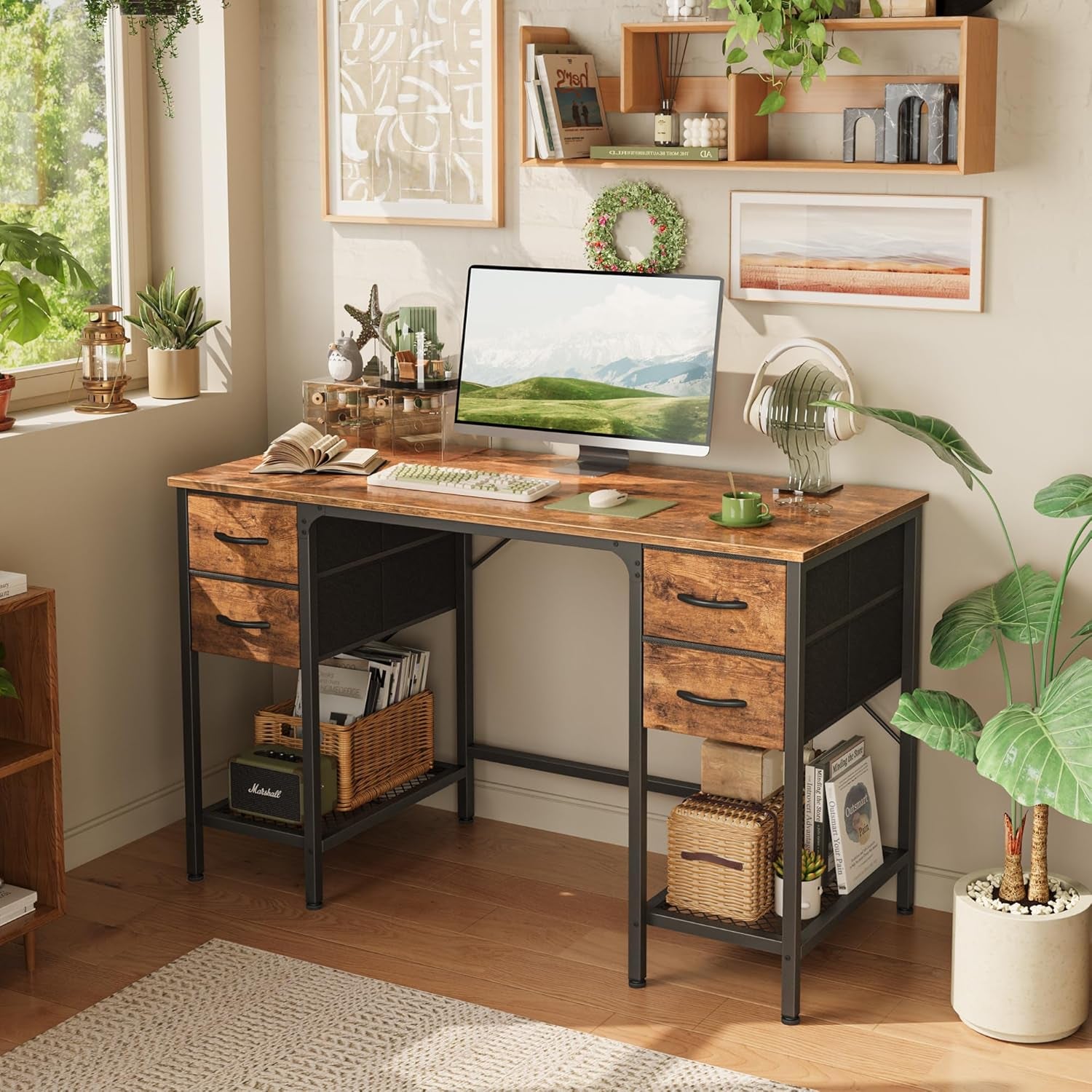 47-Inch Rustic Brown Computer Desk with 4 Drawers and Mesh Shelf for Home Office, Study, and Gaming