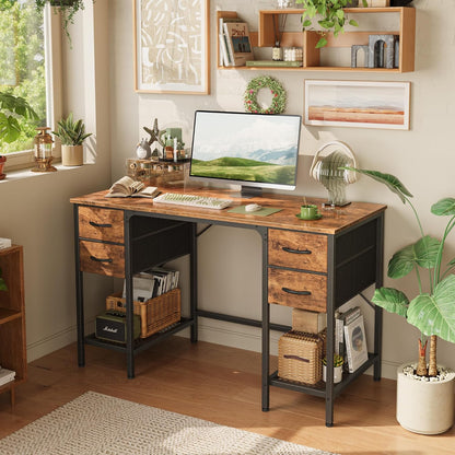 47-Inch Rustic Brown Computer Desk with 4 Drawers and Mesh Shelf for Home Office, Study, and Gaming
