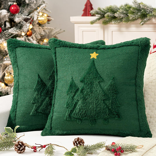 Christmas Trees Pillow Covers Set of 2 Decorative Soft Throw Pillows Plush Faux Fur Wool Embroidered Couch Cushion for Holiday Winter Home Decor Chair Sofa Bedroom Living Room,Green 18X18Inch