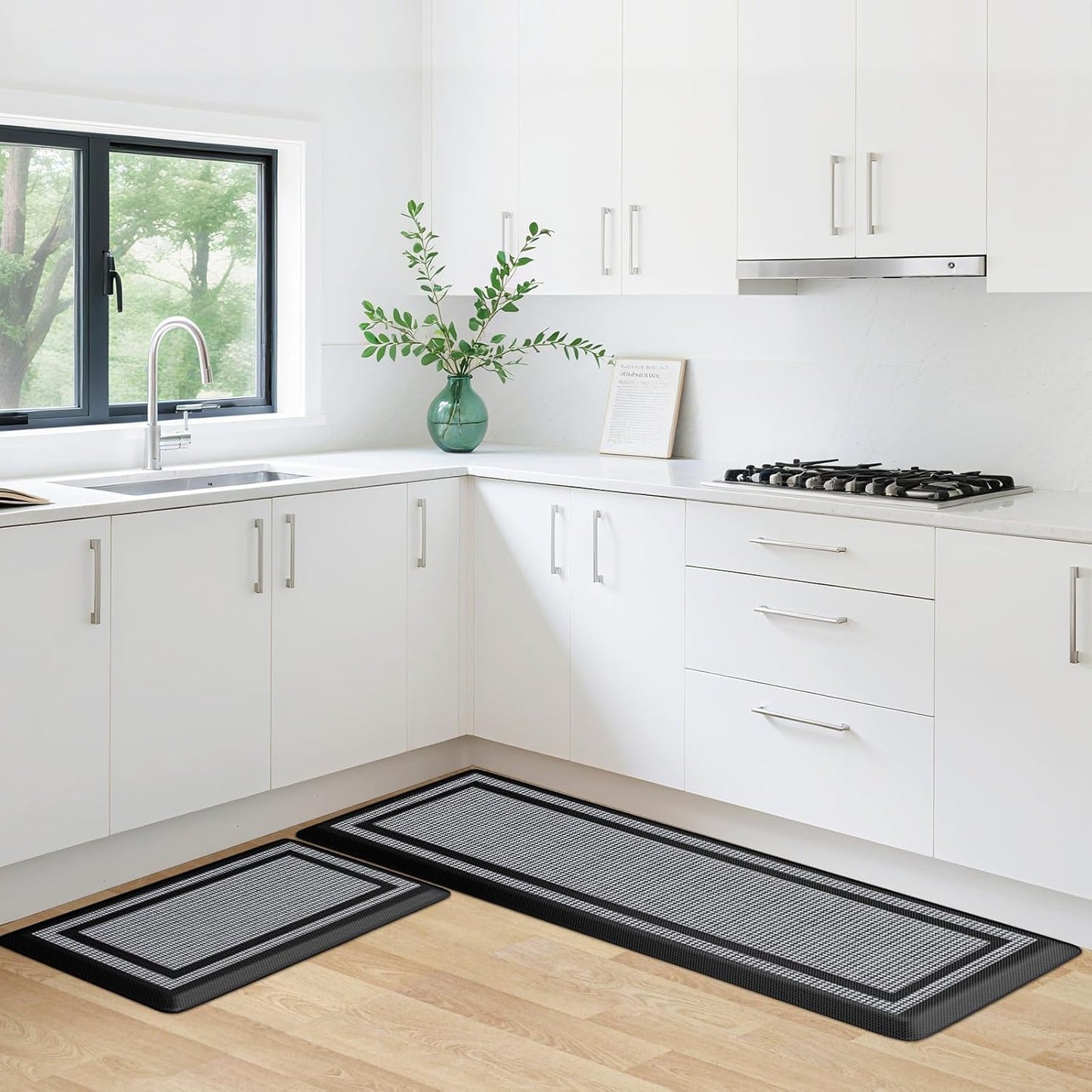 [2 PCS Kitchen Rugs Cushioned Anti-Fatigue Kitchen Mats for Floor Waterproof Kitchen Rug Set Non-Slip Comfort Standing Mat for Office, Sink, Laundry 17.3"×29"+17.3"×47",Black
