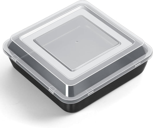 Square Baking Pan with Lid, Nonstick Stainless Steel Square Cake Pan and Plastic Lid, Black Bakeware Tin for Lasagna Brownies, Sturdy & Easy Clean, (8 Inch, 2Pcs)
