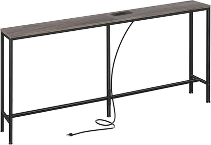 70-Inch Console Table with Built-In Charging Station, Narrow Entryway Hall Table in Charcoal Gray for Living Room Use