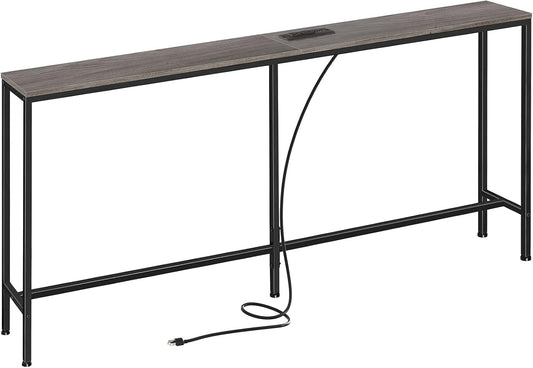 70-Inch Console Table with Built-In Charging Station, Narrow Entryway Hall Table in Charcoal Gray for Living Room Use