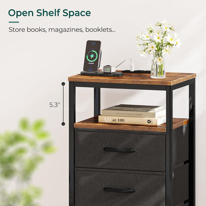 Rustic Brown and Black Nightstand with Integrated Charging Station, 27.6 Inch End Table Featuring USB Ports and Outlets, Fabric Drawers for Bedroom Use