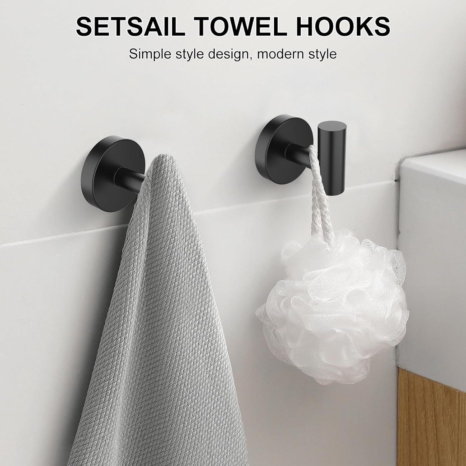 Towel Holder for Bathroom Wall Matte Black Bathroom Toilet Paper Roll Holders 304 Stainless Steel Shower Towel Hooks 4 Packs