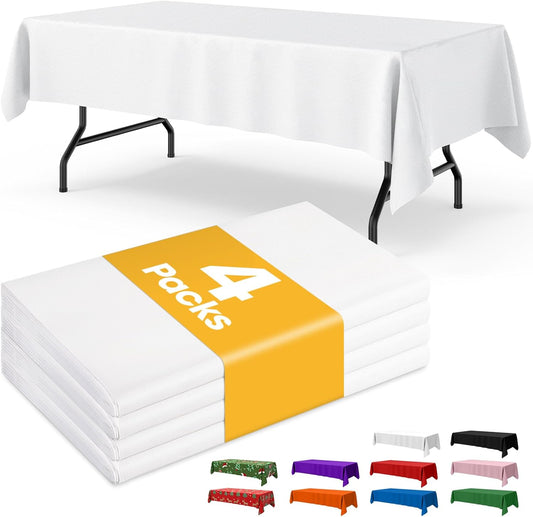 White Plastic Table Cloth Rectangle Table 4 Pack, 54''×107'' White Tablecloth for 6Ft Tables, Table Cloth for Disposable Use, Table Cover for Holiday Party, Gathering