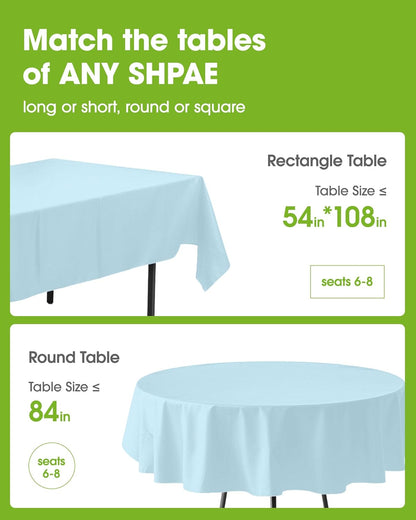 Plastic Table Cloth Disposable 12 Pack, 54 X 108 Inch Table Cloths, Easter Party, Picnic, Wedding, Decorative Tablecloths, Rectangle, Baby Blue Plastic Cover, Leakproof & Sturdy, Light Blue