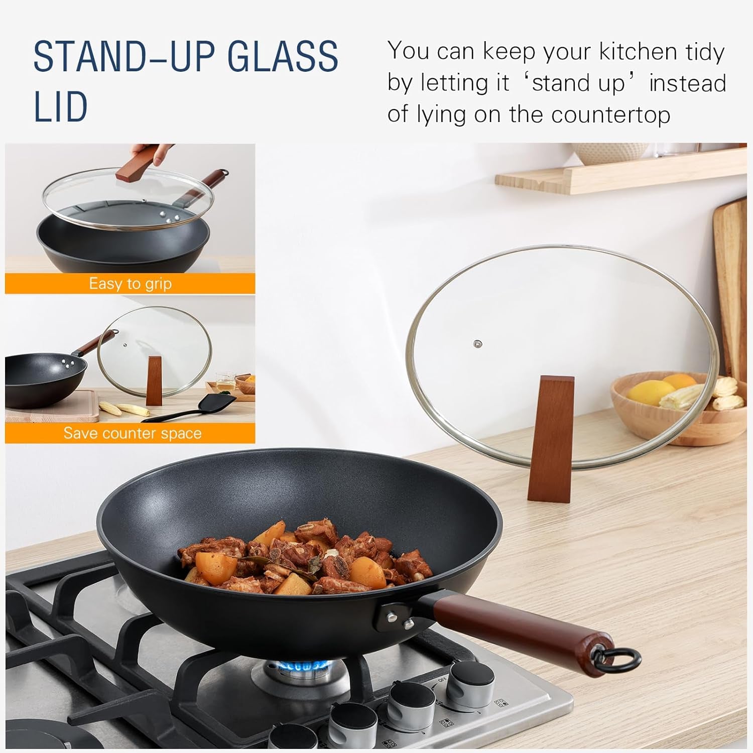 Nonstick Wok with Lid, 13 Inch Woks & Stir Fry Pans Nonstick, Carbon Steel Wok for Cooking, Pre-Seasoned Flat Bottom Chinese Wok for Induction, Electric, Gas Stoves