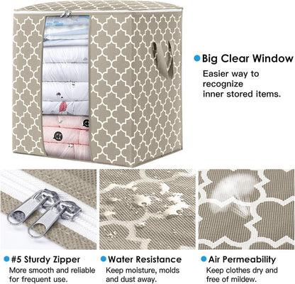 Storage Bags 3 Pack/100L Large Blanket Clothes Organization and Storage Containers for Comforters,Bedding, Foldable Organizer with Reinforced Handle, Clear Window, Sturdy Zippers,Beige