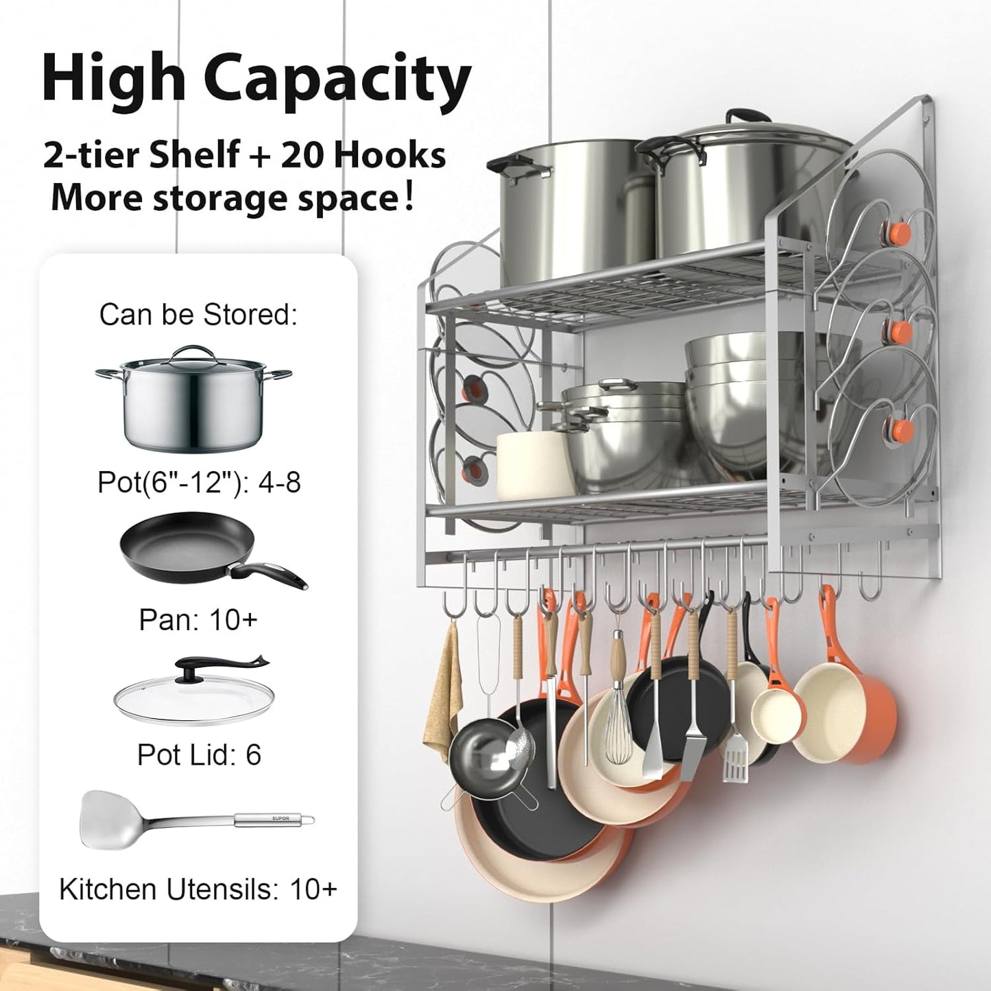 28 Inch Pot Rack Wall Mounted, 2 Tier Pots and Pans Organizer with 20 Hooks and 6 Pot Lid Holders, Heavy Duty Steel Pot and Pan Hanger for Kitchen Cookware Utensils Storage, Silver