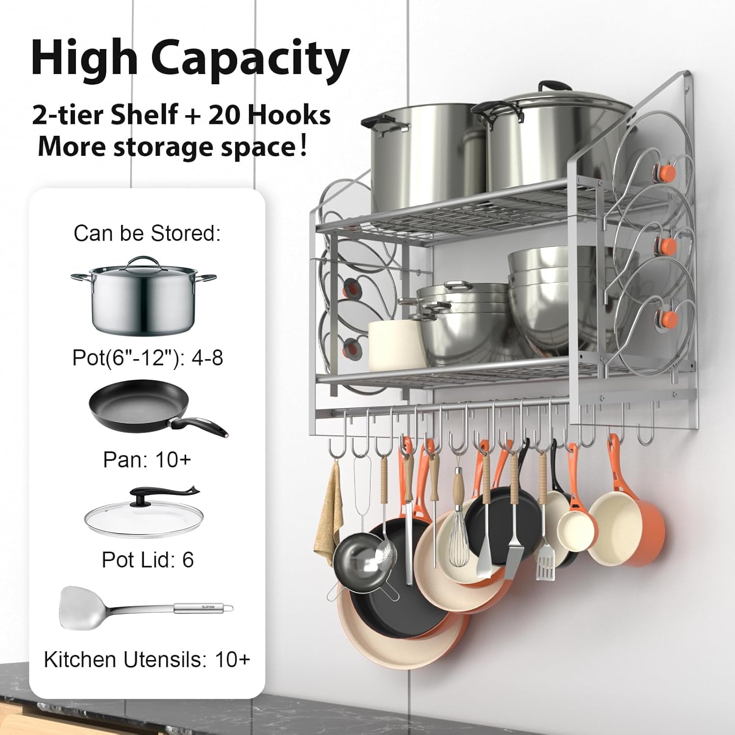 28 Inch Pot Rack Wall Mounted, 2 Tier Pots and Pans Organizer with 20 Hooks and 6 Pot Lid Holders, Heavy Duty Steel Pot and Pan Hanger for Kitchen Cookware Utensils Storage, Silver