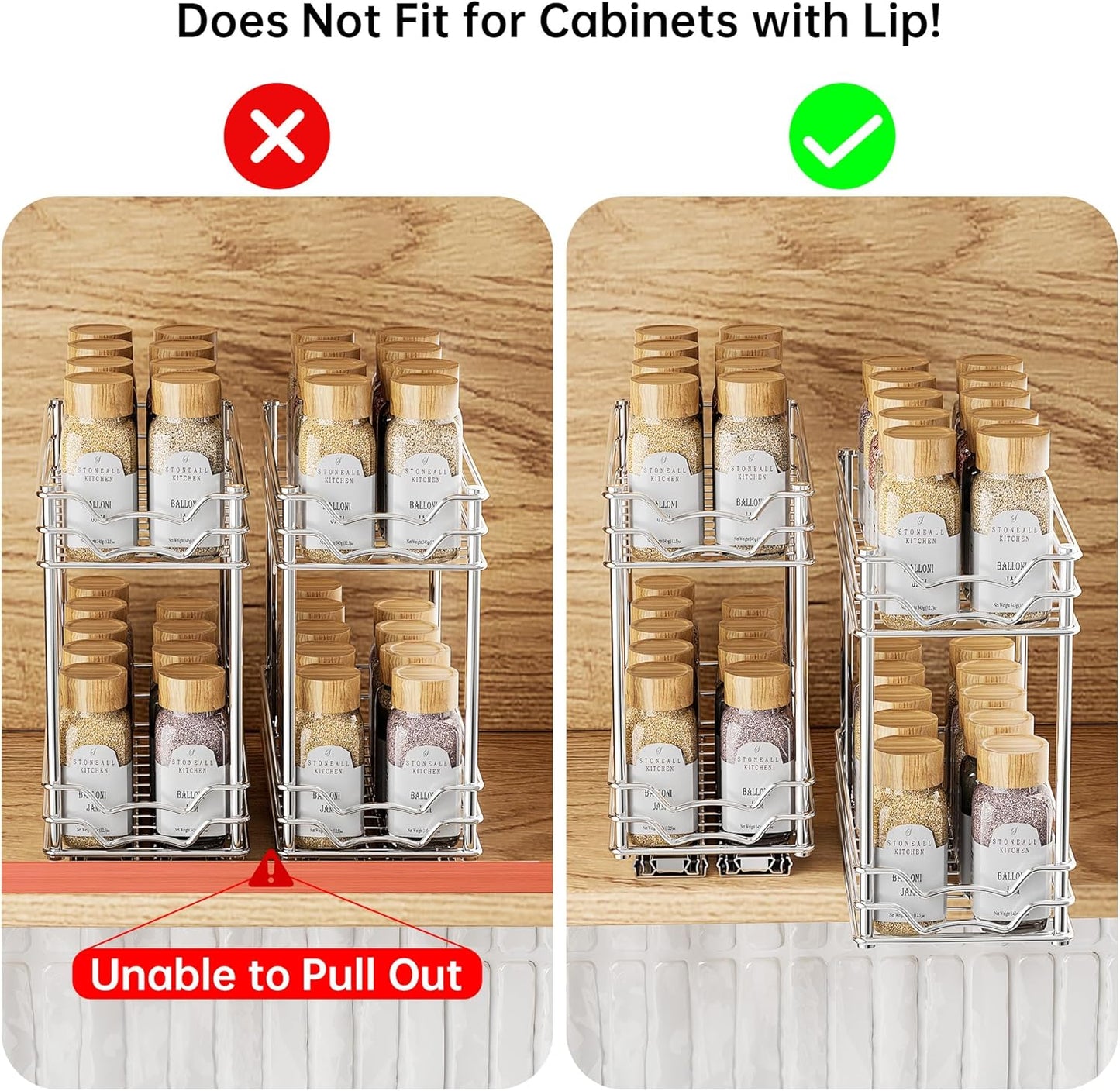 Pull Out Spice Rack Organizer for inside Cabinet, Slide Out Spice Organization for Cabinet, 4.9''Wx10.4''Dx9.57''H, Chrome Vertical Sliding Seasoning Organizer - 2 Tier