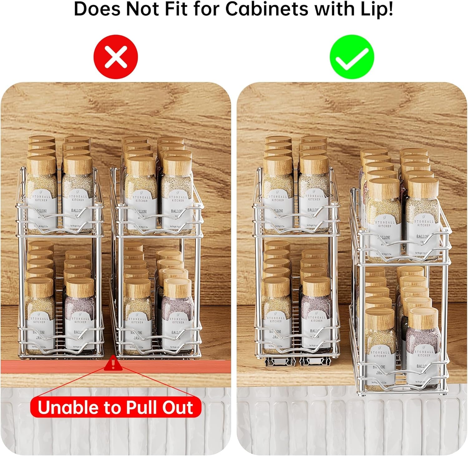 Pull Out Spice Rack Organizer for inside Cabinet, Slide Out Spice Organization for Cabinet, 4.9''Wx10.4''Dx9.57''H, Chrome Vertical Sliding Seasoning Organizer - 2 Tier