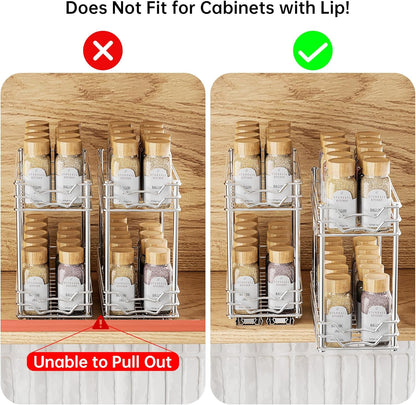 Pull Out Spice Rack Organizer for inside Cabinet, Slide Out Spice Organization for Cabinet, 4.9''Wx10.4''Dx9.57''H, Chrome Vertical Sliding Seasoning Organizer - 2 Tier