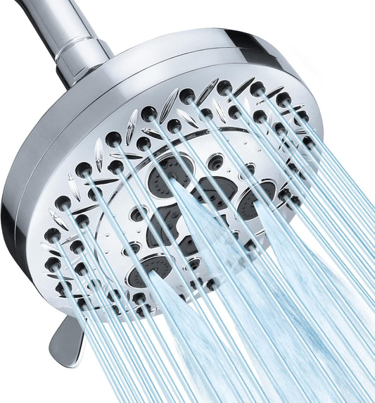 8 Spray Modes Shower Head, 5 Inch High Pressure Shower Heads with 62 Anti-Clogging Nozzles and Adjustable Brass Ball Joint, Chrome Finish, Replacement for Bathroom Showerhead