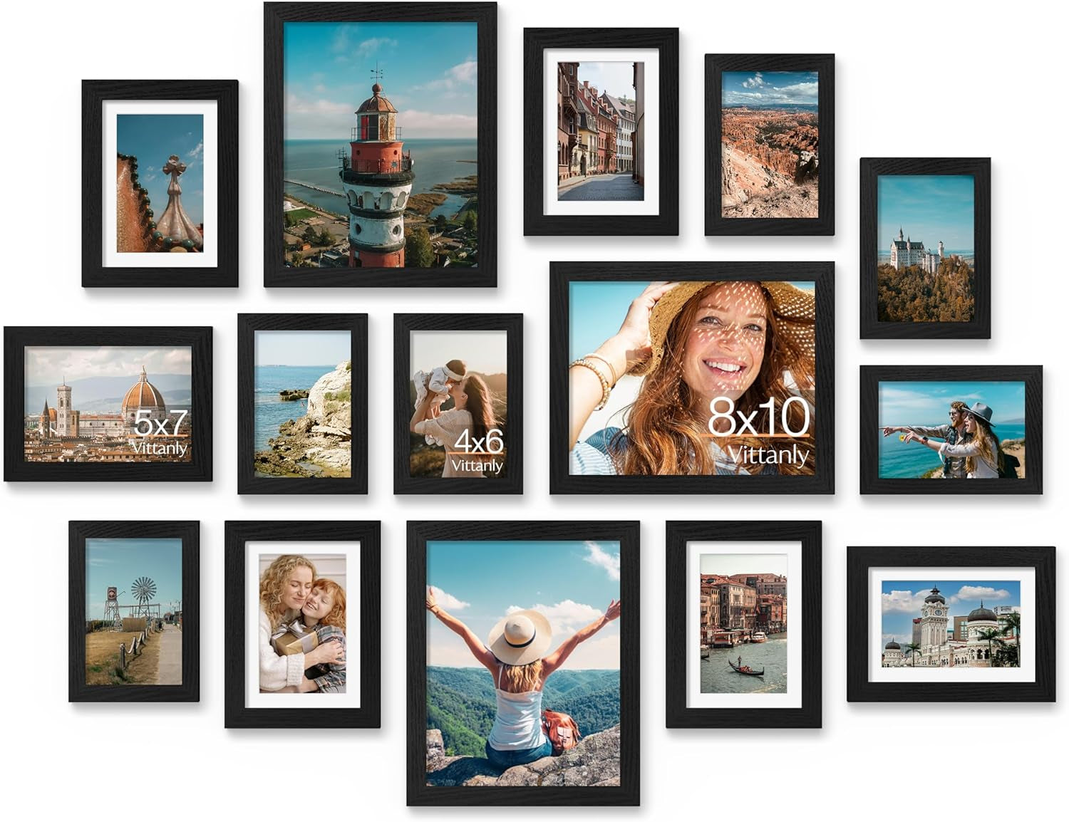 15 Pack Picture Frames Collage Wall Decor for Mounting or Tabletop Display, Gallery Frame Set for Family, Multi Sizes Including 3Pcs 8X10, 6Pcs 5X7, 6Pcs 4X6, Black