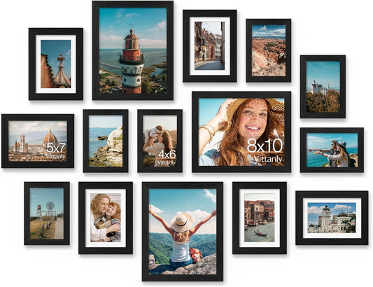 15 Pack Picture Frames Collage Wall Decor for Mounting or Tabletop Display, Gallery Frame Set for Family, Multi Sizes Including 3Pcs 8X10, 6Pcs 5X7, 6Pcs 4X6, Black