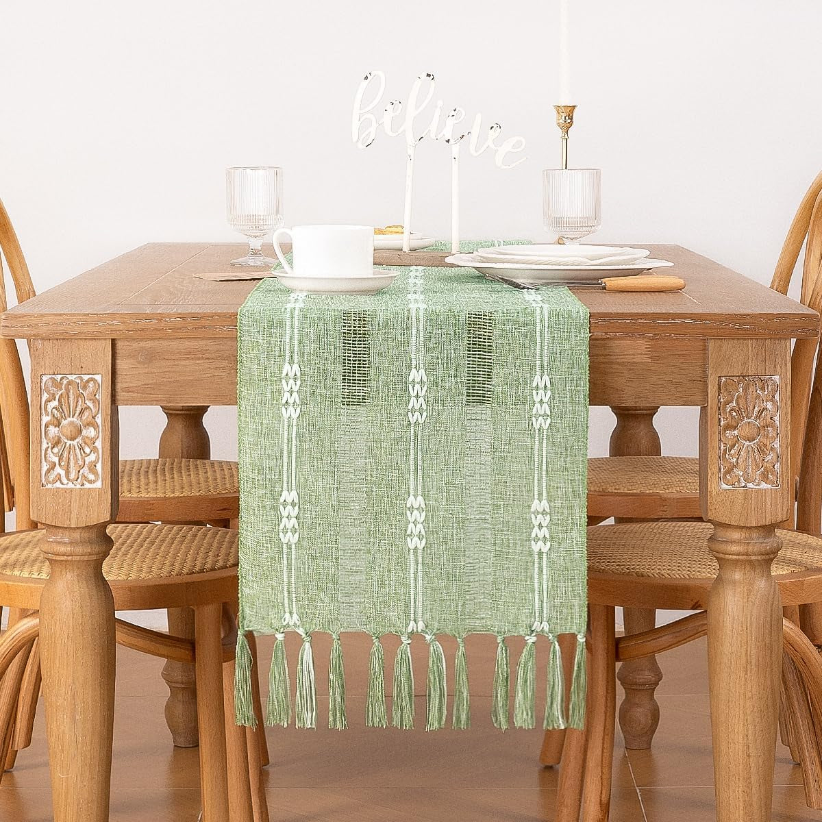 Farmhouse Table Runner 48 Inches Macrame Woven Coffee Table Runner Cotton Rustic Fall Thanksgivingtable Runner with Tassels for Boho Home Decor Dining Living Room 13X48 Inches Sage Green