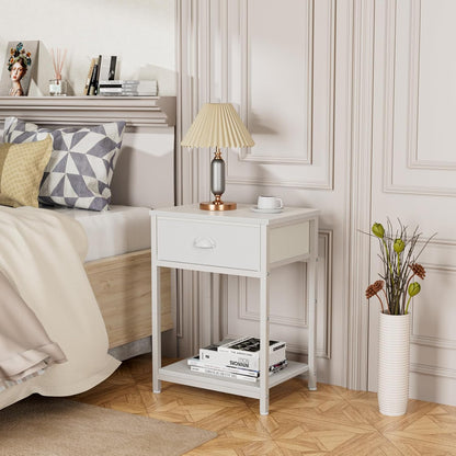 White Nightstand with Fabric Drawer, Small Side Table for Small Spaces, 2 Tiers Storage Shelves End Table, Night Stand for Living Room, Bedroom, Dorm