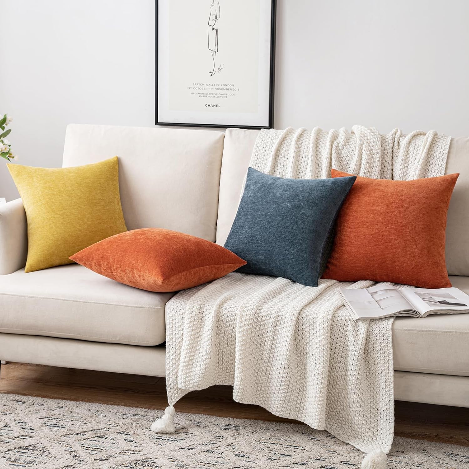 Set of 2 18x18 Inch Burnt Orange Chenille Decorative Pillow Covers for Autumn Home Decor, Ideal for Sofa and Bedroom Living Spaces