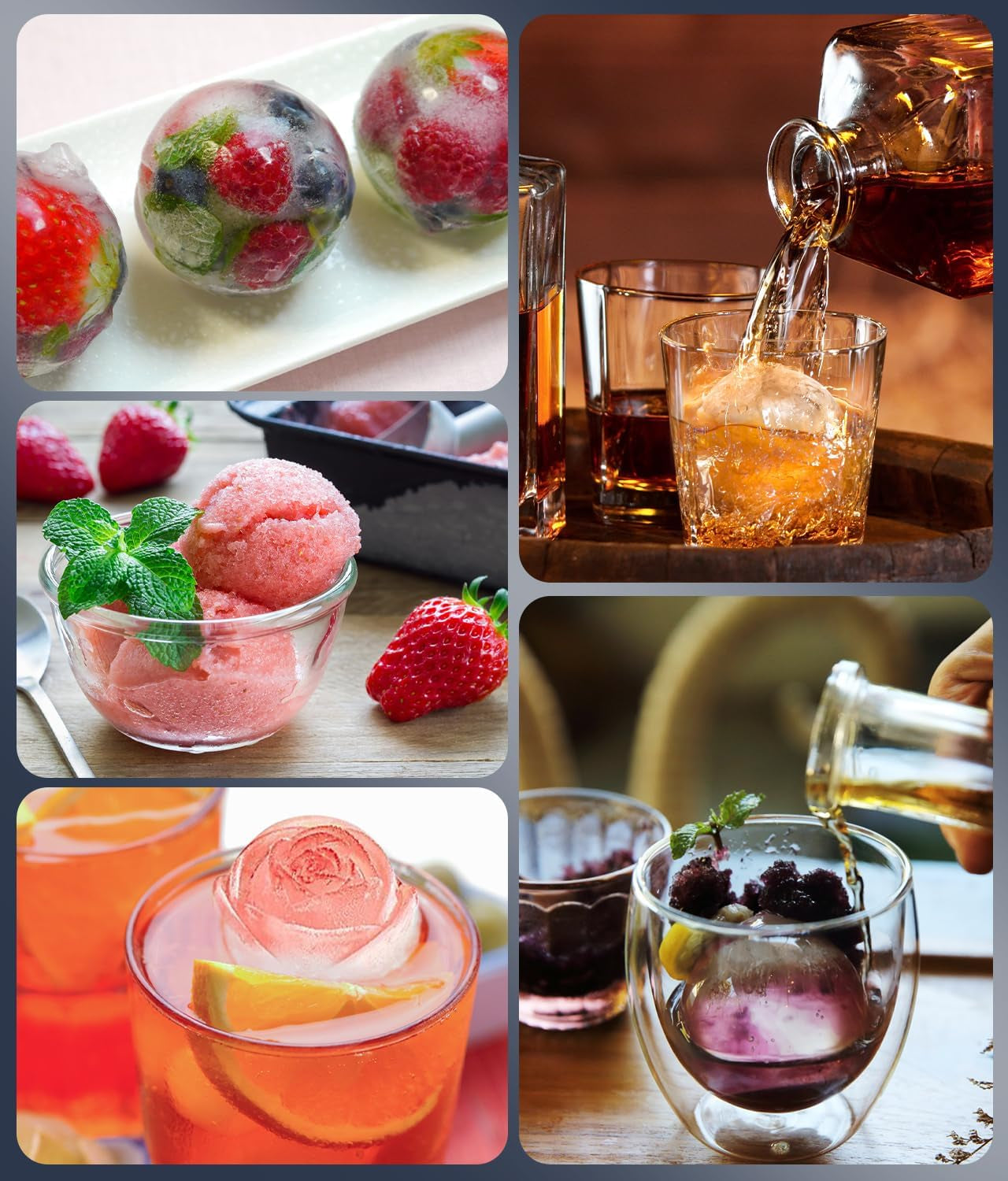 2Pack Silicone Square and round Ice Cube Trays for Freezer - Sphere, Rose, Diamond Ice Molds for Whiskey, Cocktails & DIY, Gray