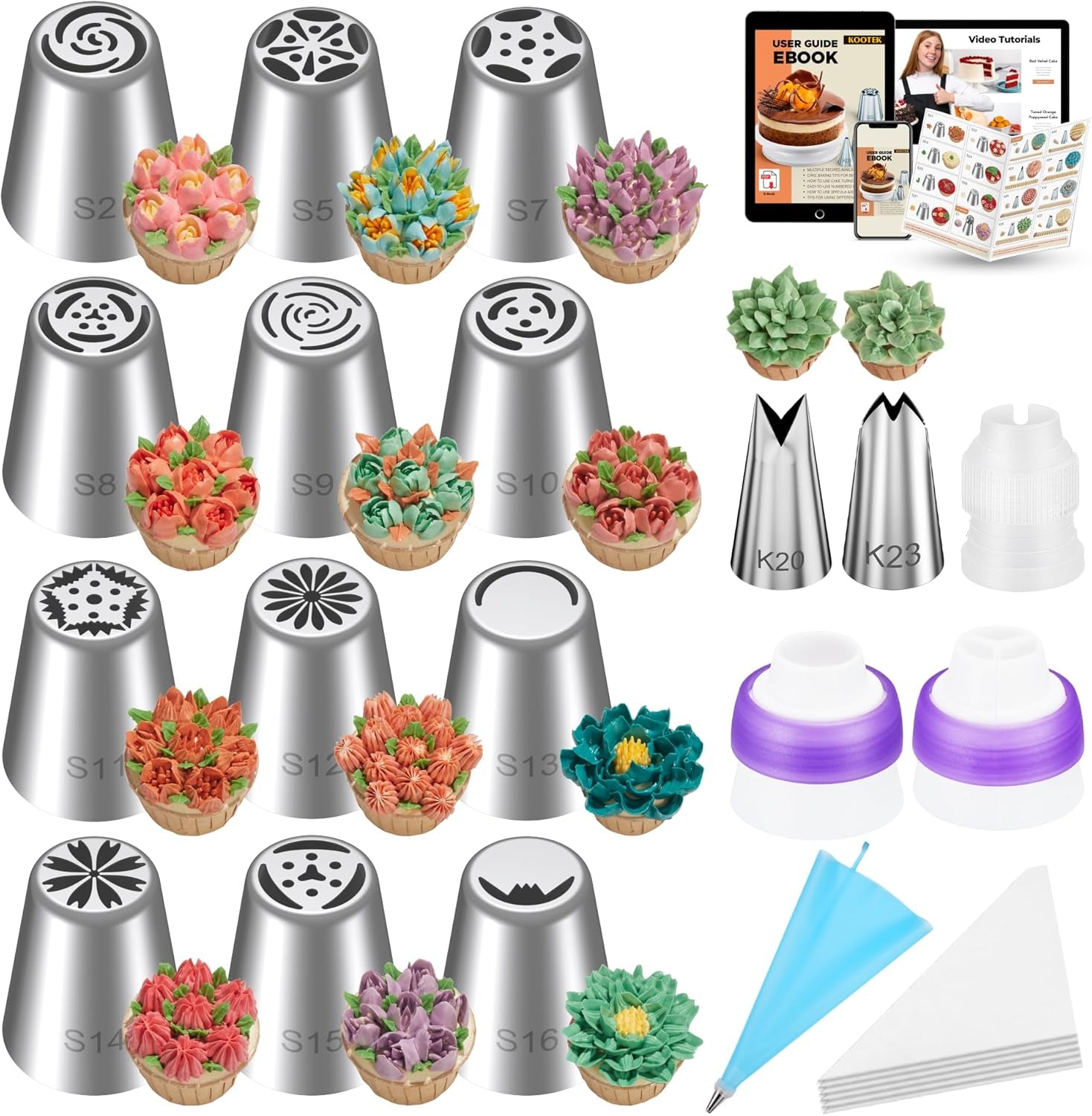48Pcs Russian Piping Tips Set, Piping Bags and Tips Set with 12 Russian Tips, 2 Icing Tips, 30+1 Pastry Bags, 3 Couplers for Cake Decorating, Cupcake, Cookie, Baking