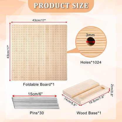 17-Inch Foldable Crochet Blocking Board with 30 Pegs - Handcrafted Wooden Mat for Crochet Projects, Perfect Gift for Crochet Enthusiasts