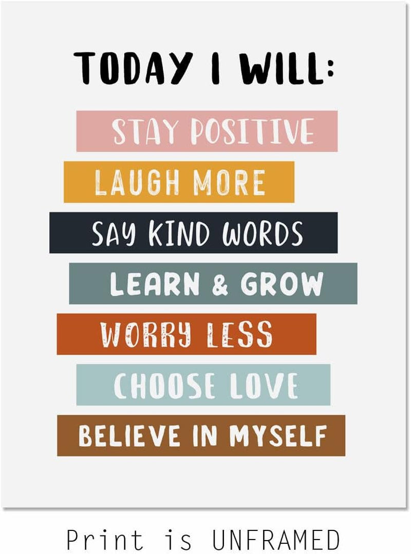 Today I Will Positive Quotes Print, Educational Wall Art for Classroom or Playroom, Inspirational Affirmation Poster for Kids, Unframed (11X14 INCH)