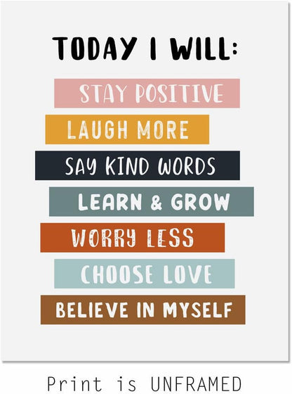 Today I Will Positive Quotes Print, Educational Wall Art for Classroom or Playroom, Inspirational Affirmation Poster for Kids, Unframed (11X14 INCH)