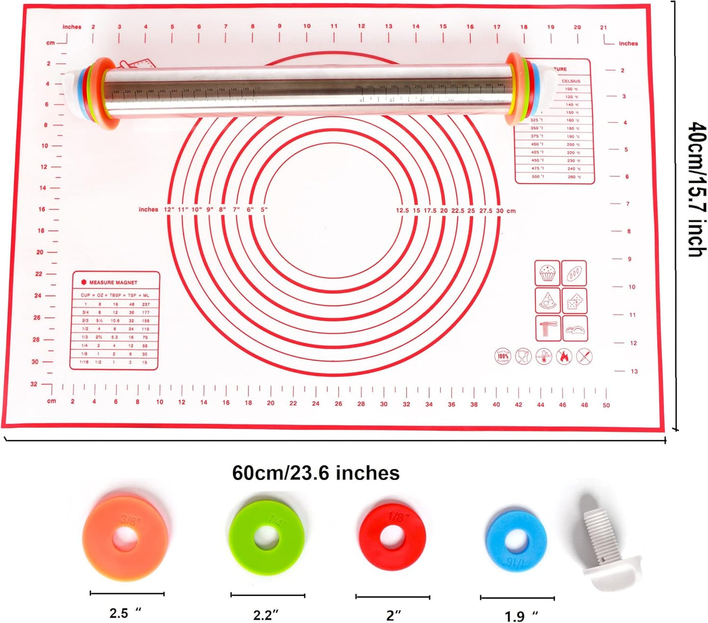 Adjustable Rolling Pin with Thickness Rings for Baking, Stainless Steel Desgins Dough Roller Pins with Silicone Pastry Nonstick Mat for Cookie Decorating Baking Supplies Fondant Cake Baker