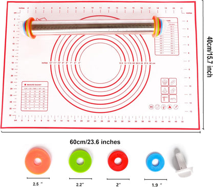 Adjustable Rolling Pin with Thickness Rings for Baking, Stainless Steel Desgins Dough Roller Pins with Silicone Pastry Nonstick Mat for Cookie Decorating Baking Supplies Fondant Cake Baker