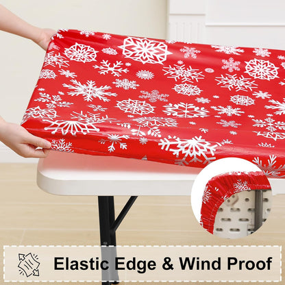 Rectangle Vinyl Tablecloth, Fitted Table Cover, 100% Waterproof, Elastic Edge, Flannel Backing, Plastic Table Cloth Fit 6 Foot Folding Tables for Picnic, Outdoor (Red Snowflake, 30X72 Inch)