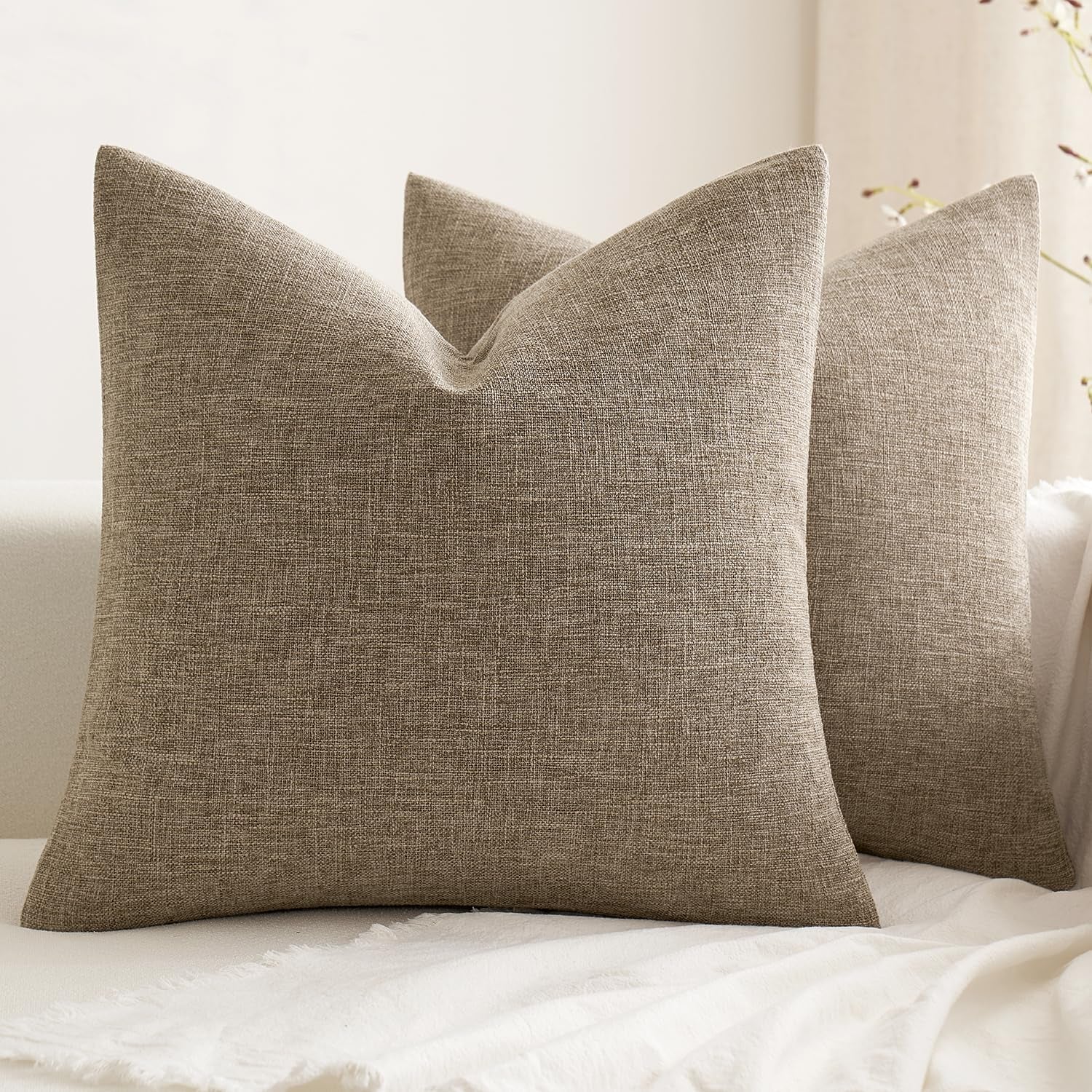 Pack of 2 Decorative Farmhouse Linen Pillow Covers Rustic Boho Accent Outdoor Couch Throw Pillow Covers for Cushion Bed Sofa Living Room Home Decor 20X20 Inch Brown