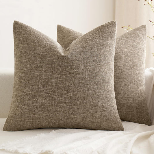 Pack of 2 Decorative Farmhouse Linen Pillow Covers Rustic Boho Accent Outdoor Couch Throw Pillow Covers for Cushion Bed Sofa Living Room Home Decor 20X20 Inch Brown