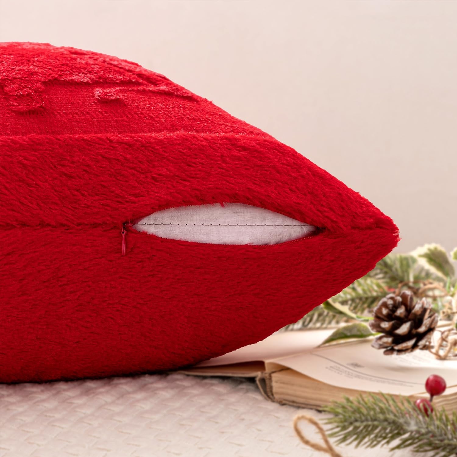 Christmas Trees Pillow Covers Set of 2 Decorative Soft Throw Pillows Plush Faux Fur Wool Embroidered Couch Cushion for Holiday Winter Home Decor Chair Sofa Bedroom Living Room,Red 18X18Inch