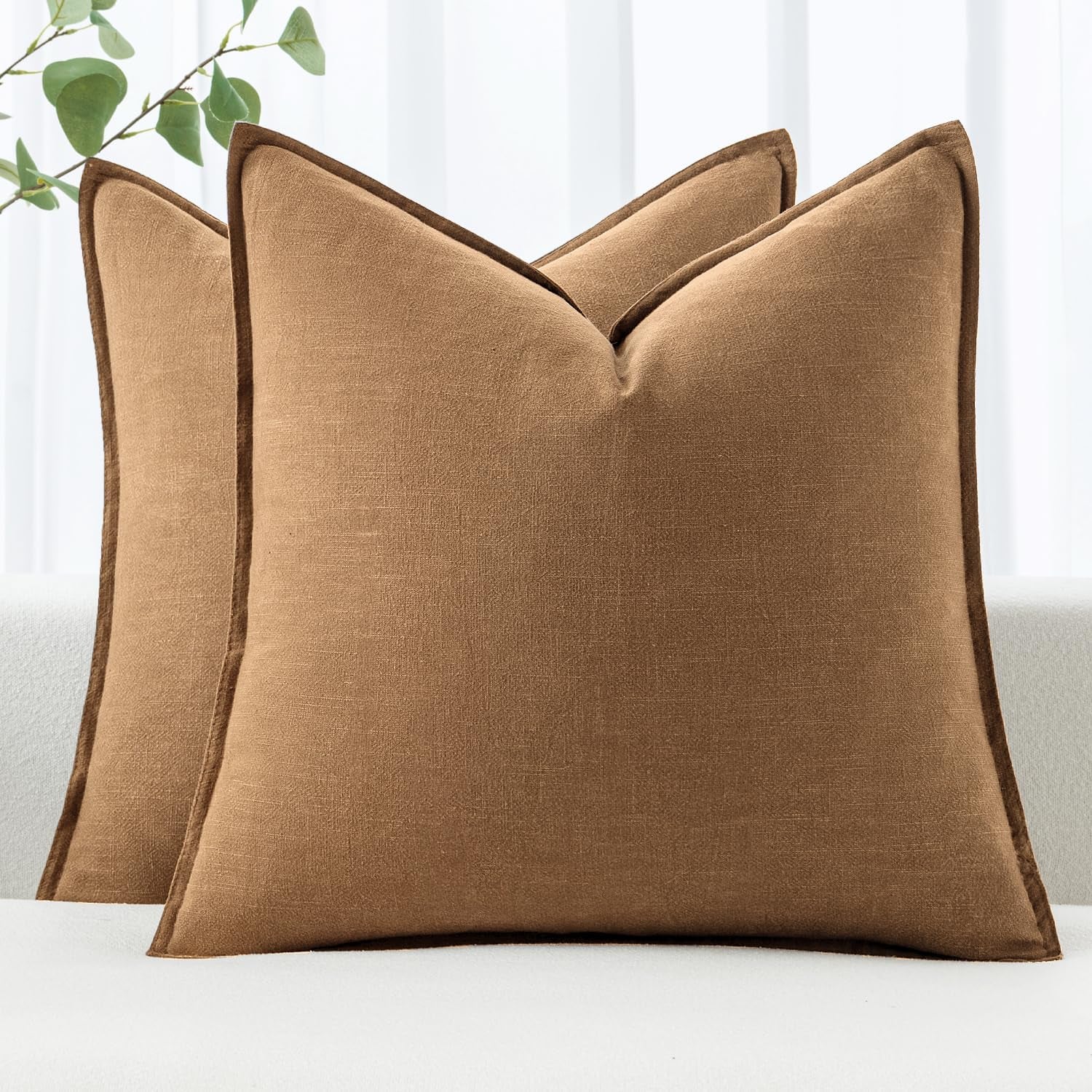 Decorative Linen Euro Sham Pillow Covers 24x24 inches, Brown Boho Farmhouse Neutral Accent Pillows for Bed and Sofa, Set of 2, Modern Living Room Home Decor