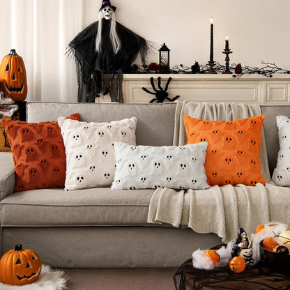 Halloween Decorative Pillow Covers - Set of 2 Soft Plush Faux Fur Ghost Design Cushions for Couch, Sofa, Bed, and Porch - 18x18 Inches - Orange Fall Decor