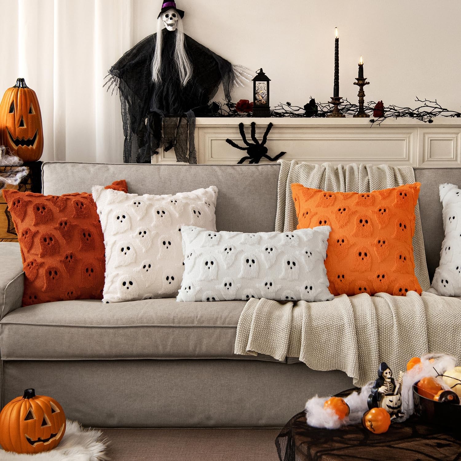 Halloween Decorative Pillow Covers - Set of 2 Soft Plush Faux Fur Ghost-Themed Cushions for Couch, Sofa, Bed, and Porch - 18x18 Inch Burnt Orange Fall Decor