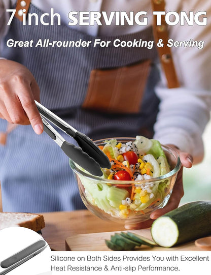 Non-Stick Silicone Locking Tong - Stainless Steel 7" Mini Kitchen Food Tongs with Non-Slip Silicone Tips and Grip for Cooking, Baking and BBQ - Heat Resistant up to 480°F (Black)