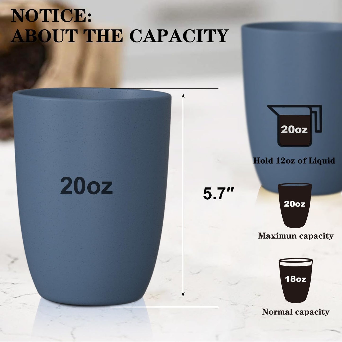 Premium Navy Blue Wheat Straw Drinking Cups - Set of 8, 20 Oz, BPA Free, Dishwasher and Microwave Safe, Durable, Unbreakable, Recyclable