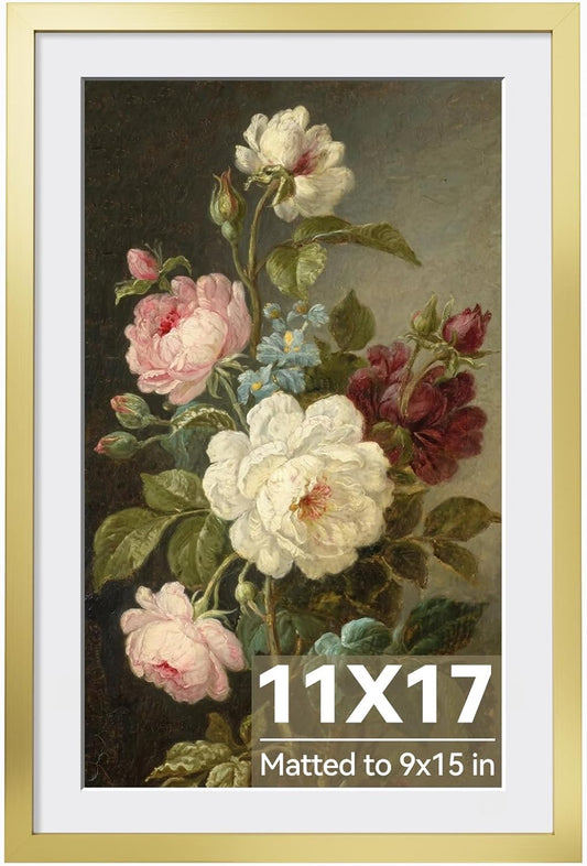 11X17 Picture Frame Gold, Gold Picture Frames Display Photos 9X15 with Mat or 11X17 without Mat, 1 Pack Plastic Frame for Wall for Home Decor