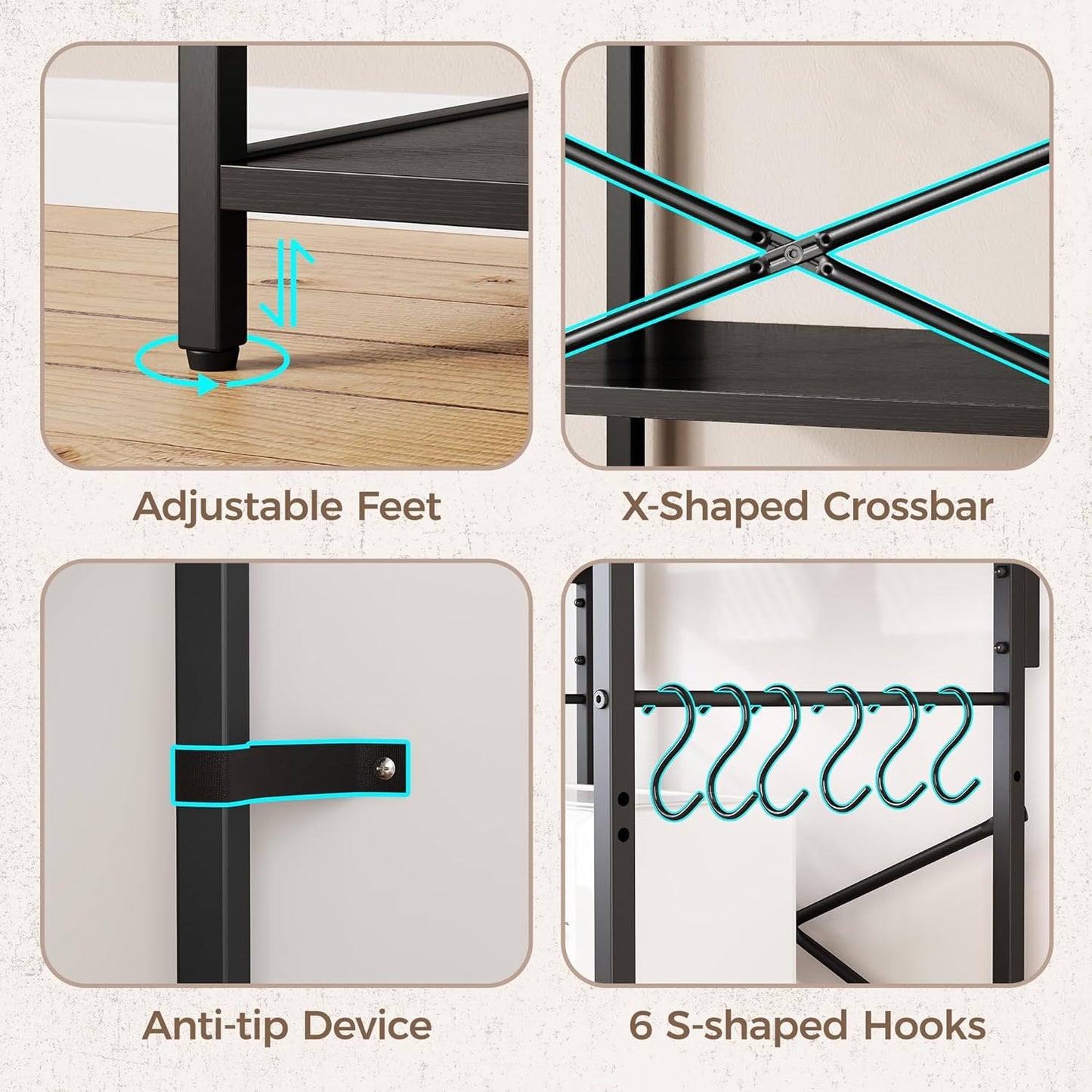 Professional Kitchen Bakers Rack with Power Outlet, Multi-Tier Coffee Bar Table, Microwave Stand with S-Shaped Hooks, and Storage Shelf for Spices, Pots, and Pans - Black