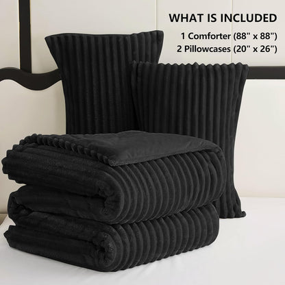 Fluffy Queen Comforter Set - Super Soft Faux Fur Black Comforter Queen Size, Winter Warm Fleece Bedding Set, 3 Pieces Plush Fuzzy Bed Set (1 Shaggy Comforter, 2 Pillowcases)