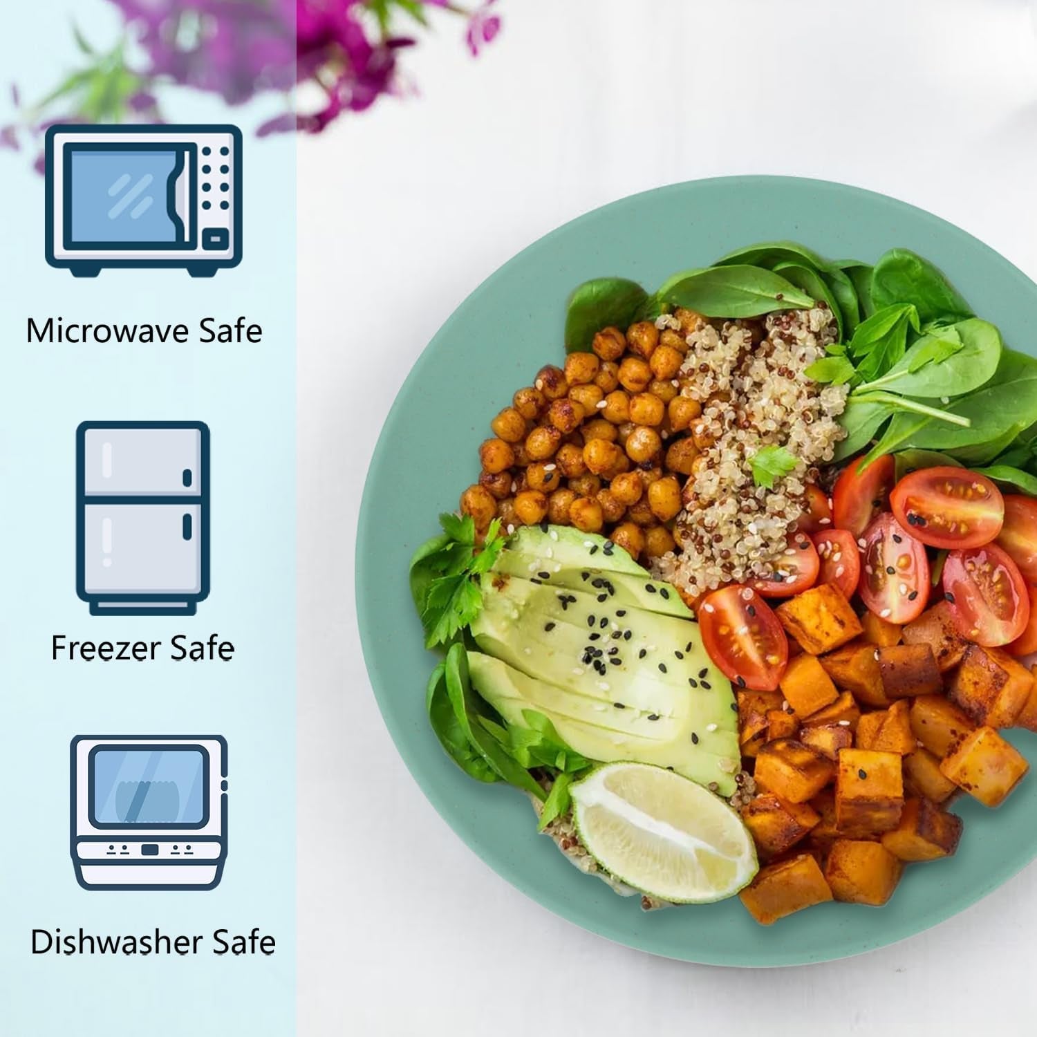 Set of 8 Microwave and Dishwasher Safe Wheat Straw Flat Dinner Plates - Unbreakable 10-Inch Kids Plates in Green, Model MS 01