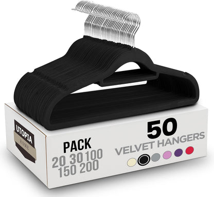 Premium Velvet Hangers 50 Pack - Non-Slip Clothes Hanger with Tie Bar - Black Hangers with 360 Degree Rotatable Hook - Heavy Duty Coat Hanger