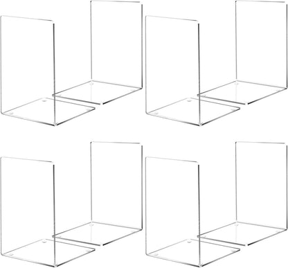 Book Ends, 8 Pcs Book Ends Acrylic Bookends for Shelves, Clear Book Holder Stand, Non-Skid Decorative Bookend, Study Book Organizer for Home Library Office, 5 X 5 X 7.3 Inch
